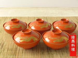 日本漆器 昭和时期金莳绘松鹤纹漆碗饭碗盖碗和风餐具美品5客现货