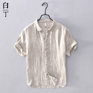 夏季中国风复古褶皱薄款亚麻短袖衬衫男休闲冰丝感麻布料半袖衬衣