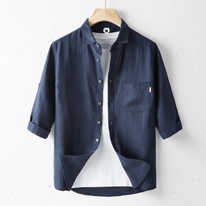 棉麻中袖衬衫男