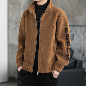 秋冬季新款仿羊羔绒外套青年男士羊毛夹克保暖刺绣颗粒绒外套拉链