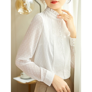 白色衬衫女春季设计感小众气质风琴褶精致提花木耳领长袖雪纺衬衣