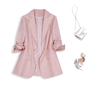 粉色西装外套女薄款春夏修身显瘦一粒扣气质通勤七分袖棉麻小西服