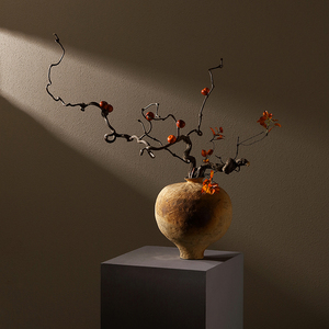 侘寂风枯枝花艺复古粗陶瓷花瓶器大圆罐仿真红果子日式居家装饰