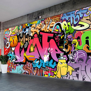 涂鸦背景墙纸街头喷漆街舞嘻哈装饰壁画舞蹈室健身房墙面装修壁纸