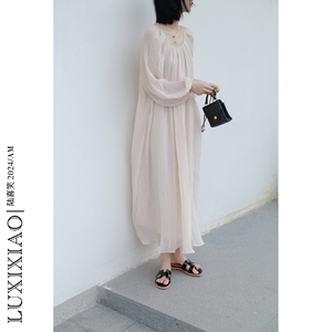 LUXIXIAO连衣裙2024新款宽松显瘦后系带设计感韩版长袖公主裙韩版