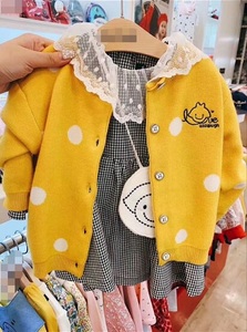韩国中小童装春季新品女童宝宝黄色圆点针织开衫 百搭线衣毛衣