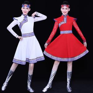 新品蒙古族蕾丝袖演出服装短款束腰带女士舞台表演服饰连衣裙袍