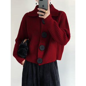 红色Polo领长袖针织开衫外套女秋冬季设计感小众宽松短款毛衣上衣