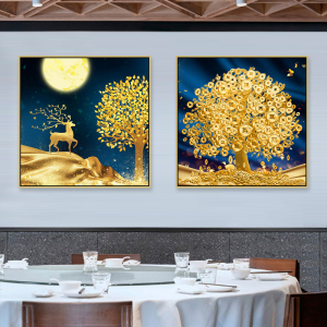 摇钱树装饰画发财树福鹿招财进宝现代挂画新中式包间餐厅饭馆壁画