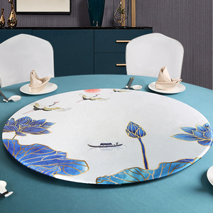 定制酒店饭店餐桌圆玻璃转盘套罩餐厅包厢中式轻奢转盘罩布艺装饰