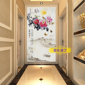 新中式玄关壁纸竖版走廊餐厅卧室过道墙纸家用装饰画牡丹花开富贵