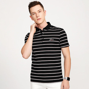 迪莱男装v.e.delure正品 春夏新款棉质刺绣条纹商务翻领短袖t恤男