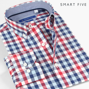 第五季格子衬衫男长袖修身碳素磨毛红蓝格纹潮流拼接韩风休闲衬衣