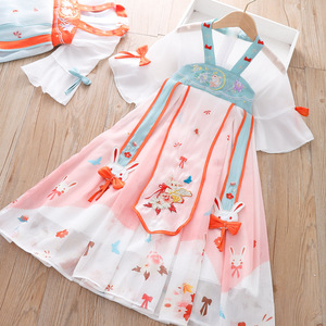 女孩汉服襦裙夏季儿童萌小兔刺绣中国风连衣裙宝宝古装表演服唐装