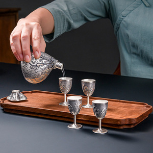 老银楼纯银s999家用酒壶酒杯套装手工百福钱袋葫芦足银酒具分酒器