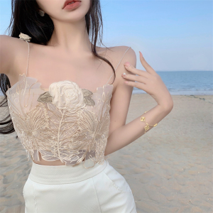 纯欲性感背心女小众设计感仙女花朵重工刺绣露肩吊带抹胸系带上衣