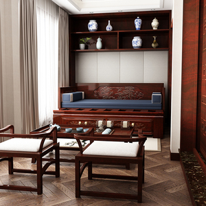新中式罗汉床客厅实木沙发老榆木小户型推拉罗汉床带抽屉伸缩床榻