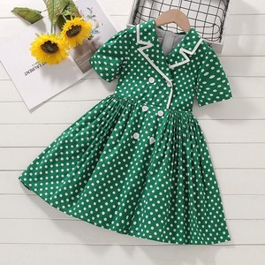 童装女童夏装连衣裙短袖纯棉波点绿色复古裙子英伦风双排扣蓬蓬裙