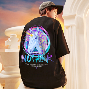 欧美高街潮牌夏季独角兽短袖t恤男潮oversize半袖大码青少年体恤