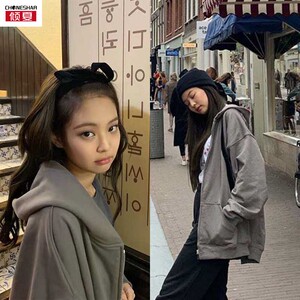 blackpink金智妮jennie同款宽松连帽抽绳大口袋卫衣拉链加绒外套