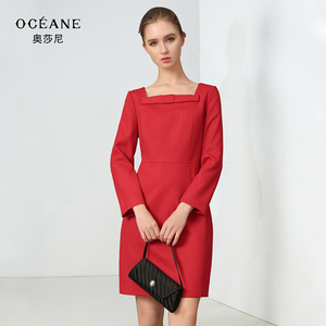 oceaen奥莎尼春秋季女装简约优雅几何领修身气质红色连衣裙子