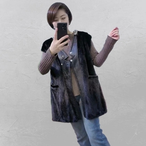 大码胖mm貂皮马甲水貂毛背心皮毛一体坎肩中长款黑色显瘦欧美皮草