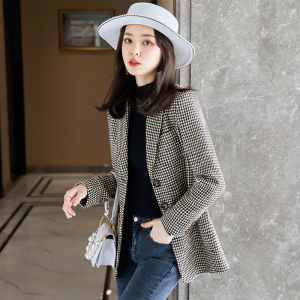 千鸟格毛呢西装外套女秋冬季时尚气质复古短款羊毛加厚格子小西服