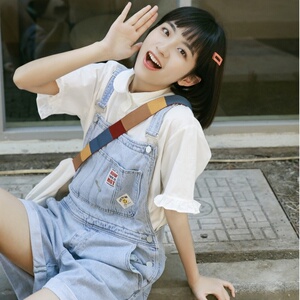 茉语家蓝色背带裤可爱减龄牛仔裤女夏2021年新款宽松显瘦百搭