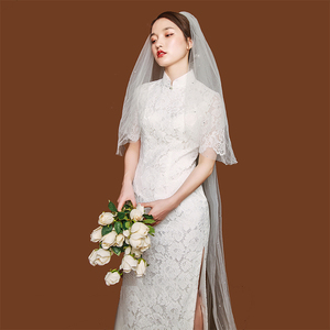 出门礼服新娘中式民国风旗袍婚纱白色复古修身蕾丝旅拍轻纱女质感