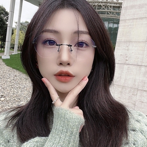 黑色无框眼镜女禁欲风方形无边框近视镜潮小脸斯文眼镜框素颜镜架