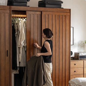 实木大衣柜北欧日式移门一体收纳柜推拉卧室小户型家用储物柜衣橱