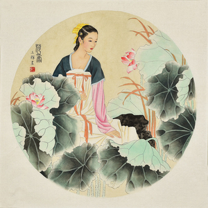 名家手绘工笔人物画圆面古代仕女图 荷香 客厅茶室装饰画字画挂画