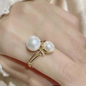 diy配件 s925纯银双珠戒指空托珍珠配饰 时尚指环戒托手工银托女