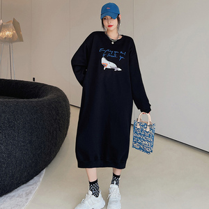 中长款慵懒风小个子连衣裙女加绒加厚圆领黑色美式复古卫衣裙女潮