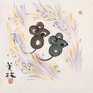 手绘四尺斗方国画韩美林字画十二生肖画《伴侣鼠》附作品简介合影