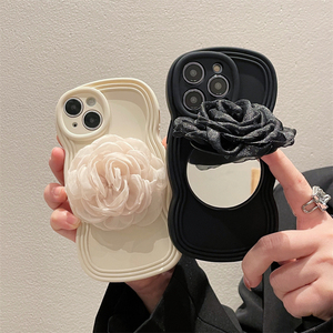 小香风山茶花新款适用苹果15pro翻盖镜子手机壳14高级感小众iphone13白色12女promax网红11花朵xsmax带支架套