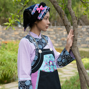 贵州布依族服装蓝染头饰浅紫上衣雪纺百褶裙绣花围腰套装春夏民族