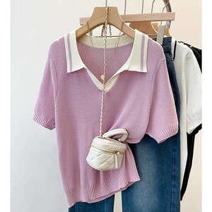 粉紫色polo领正肩短袖T恤女夏大码胖mm遮肚减龄薄款针织冰丝上衣