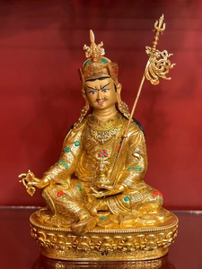 尼泊尔高档释迦族 紫铜鎏金纯手工簪刻雕花镶嵌 莲花生大士像37㎝