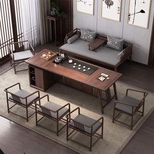 新中式北美黑胡桃木茶桌椅组合罗汉床办公室茶桌一体套装功夫禅意