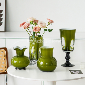 新中式中古琉璃花瓶复古橄榄绿色玻璃高级感摆件蝴蝶兰插花装饰品