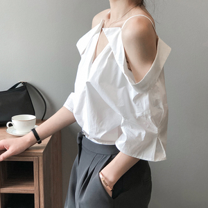 白色露肩吊带衬衫女夏小众设计感挖肩衬衣锁骨一字肩甜美别致上衣