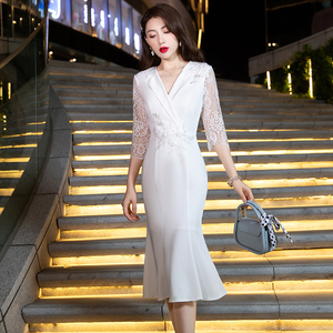 晚礼服女2021新款夏中长款西装领修身晚宴白色平时可穿宴会连衣裙