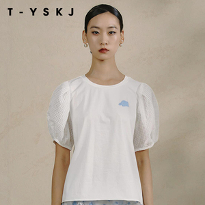 TYSKJ2024年台绣新款夏季女士t恤原领针织上衣短袖宽松泡泡袖套头