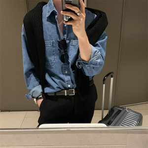 蓝色牛仔衬衫男内搭叠穿春秋潮流韩系穿搭高级感痞帅工装衬衣硬挺