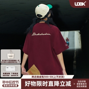 Underbroken(UDBK)复古签字体重磅300g纯棉短袖国潮牌酒红宽松T恤