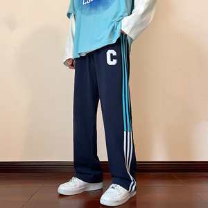 vintage棒球服裤子ins潮原宿直筒宽松藏蓝色三条扛校服运动卫裤男
