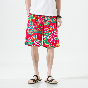 东北大红花短裤高街男潮牌ins爆款国潮裤子ins潮原宿直筒四五分裤