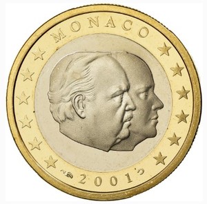 摩纳哥 2001年 兰尼埃三世大公像头像 1欧元 双金属 镶嵌币 全新