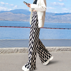 棋盘格阔腿裤女春季2022新款垂感高腰宽松直筒休闲拖地黑白格子裤